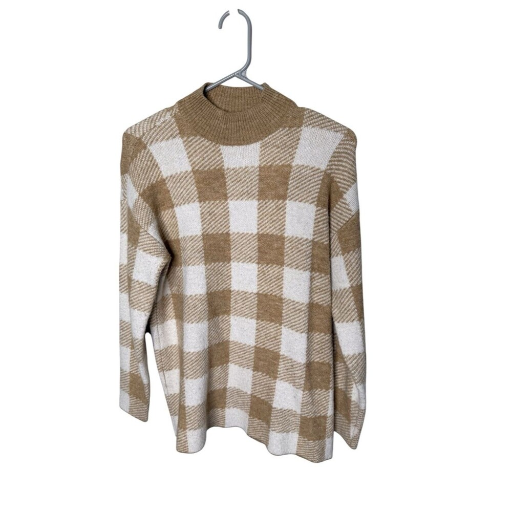 LOFT Tan Cream Buffalo Plaid Mock Neck Sweater Size M Medium Wool Blend